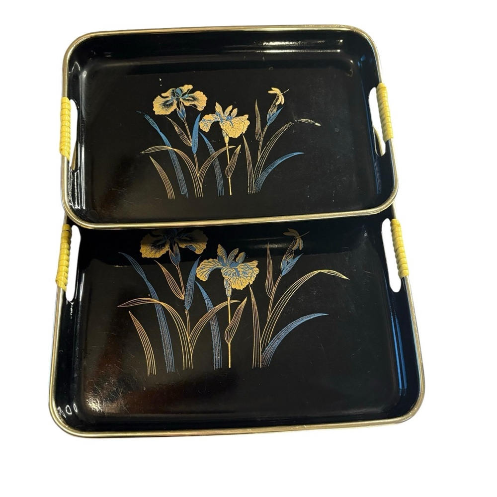 Vintage Set of Lacquerware Japan Oriental Iris Black Blue Gold Serving Trays